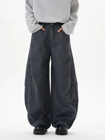 Men's Washed Wide Leg Curved Cargo Jeans Gray - Fashorio