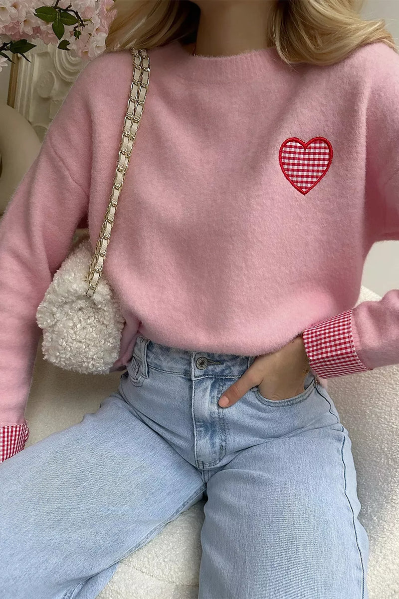 dusty pink plaid heart crew neck sweater front view