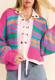 Contrast Striped Open Front Long Sleeve Cardigan Pink - Fashorio