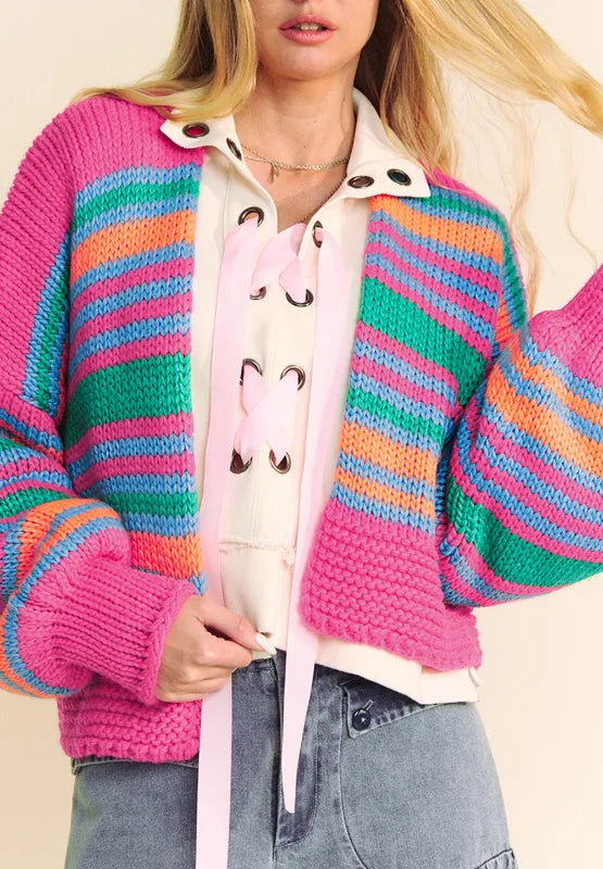 Contrast Striped Open Front Long Sleeve Cardigan Pink - Fashorio