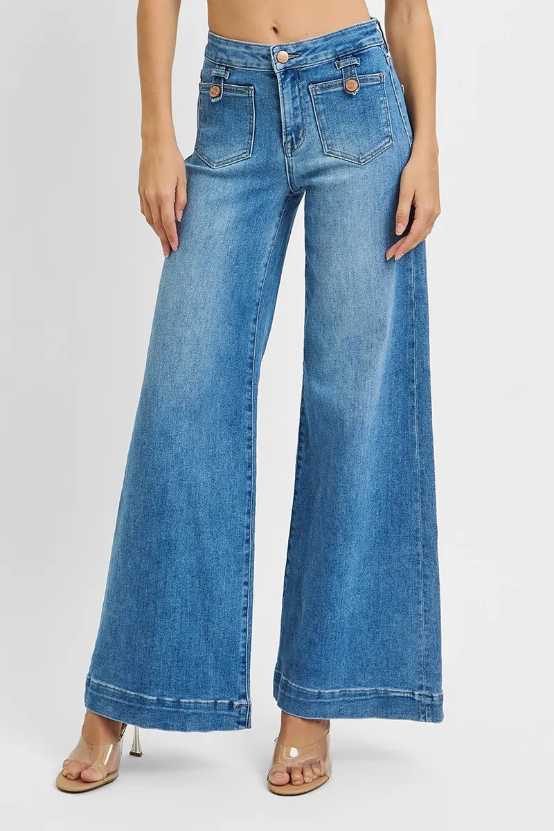 RISEN mid rise wide leg front patch pocket jeans front view in medium blue