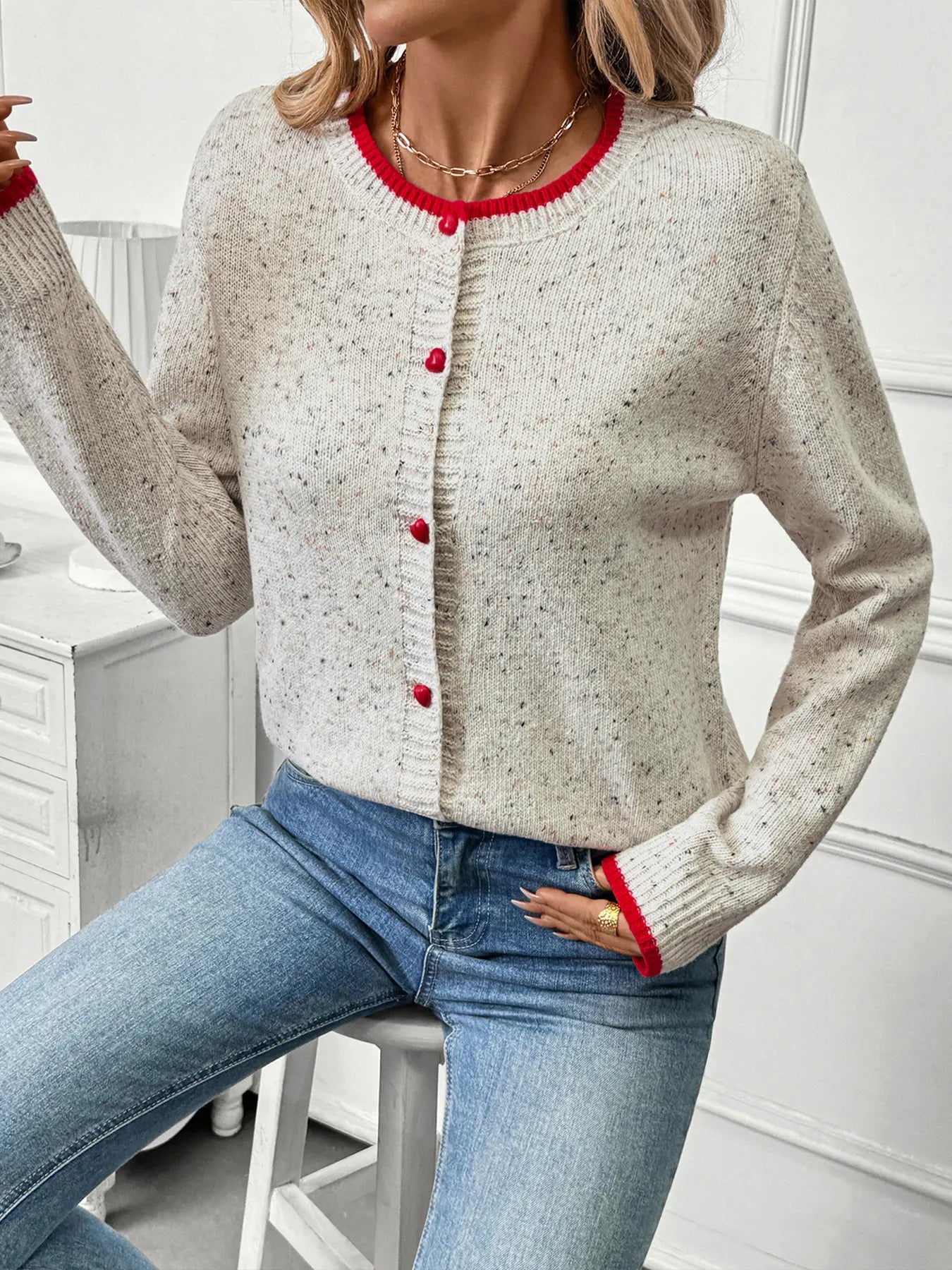 Contrast Trim Button Up Long Sleeve Cardigan - Fashorio