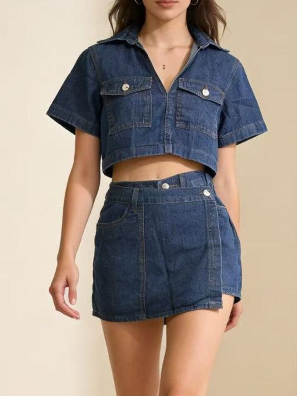 Cropped top and denim skort movement view