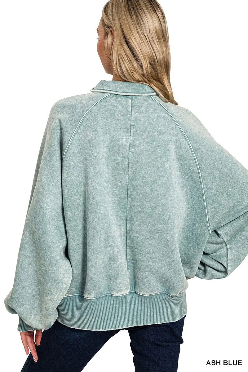Zenana Acid Wash Fleece Collared Sweatshirt - Fashorio