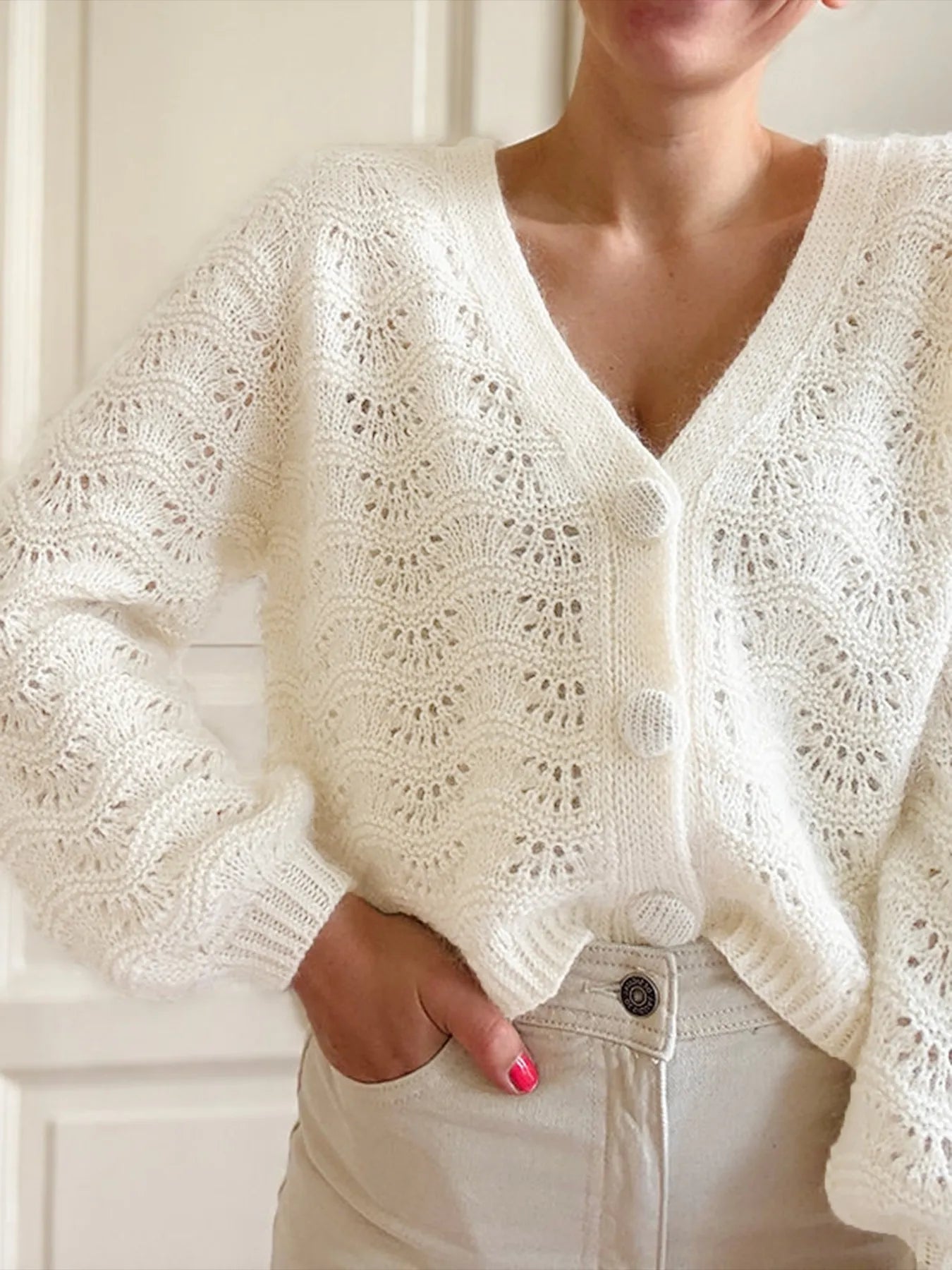 Openwork V-Neck Button Down Cardigan Ivory - Fashorio