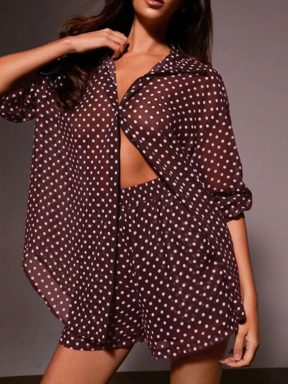 Matching polka dot shirt and shorts back view
