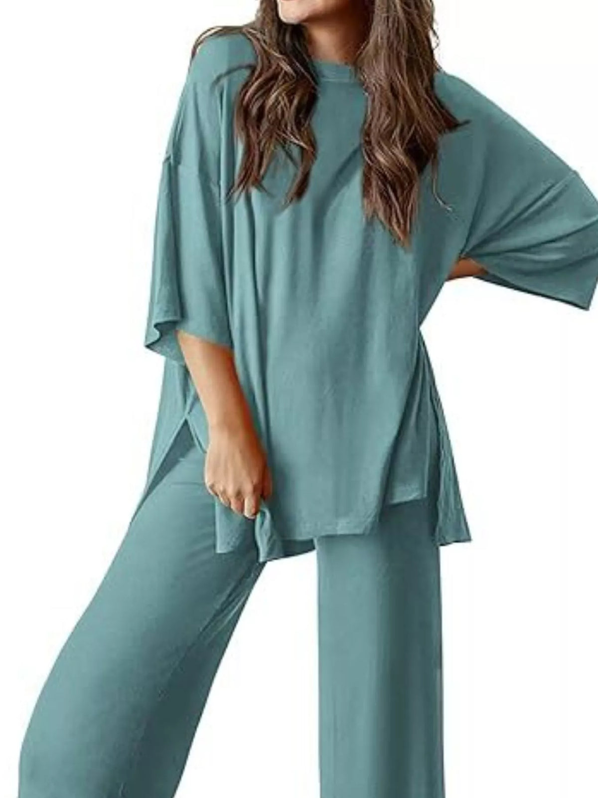 Relaxed Fit Round Neck Top and Pants Set, view 24