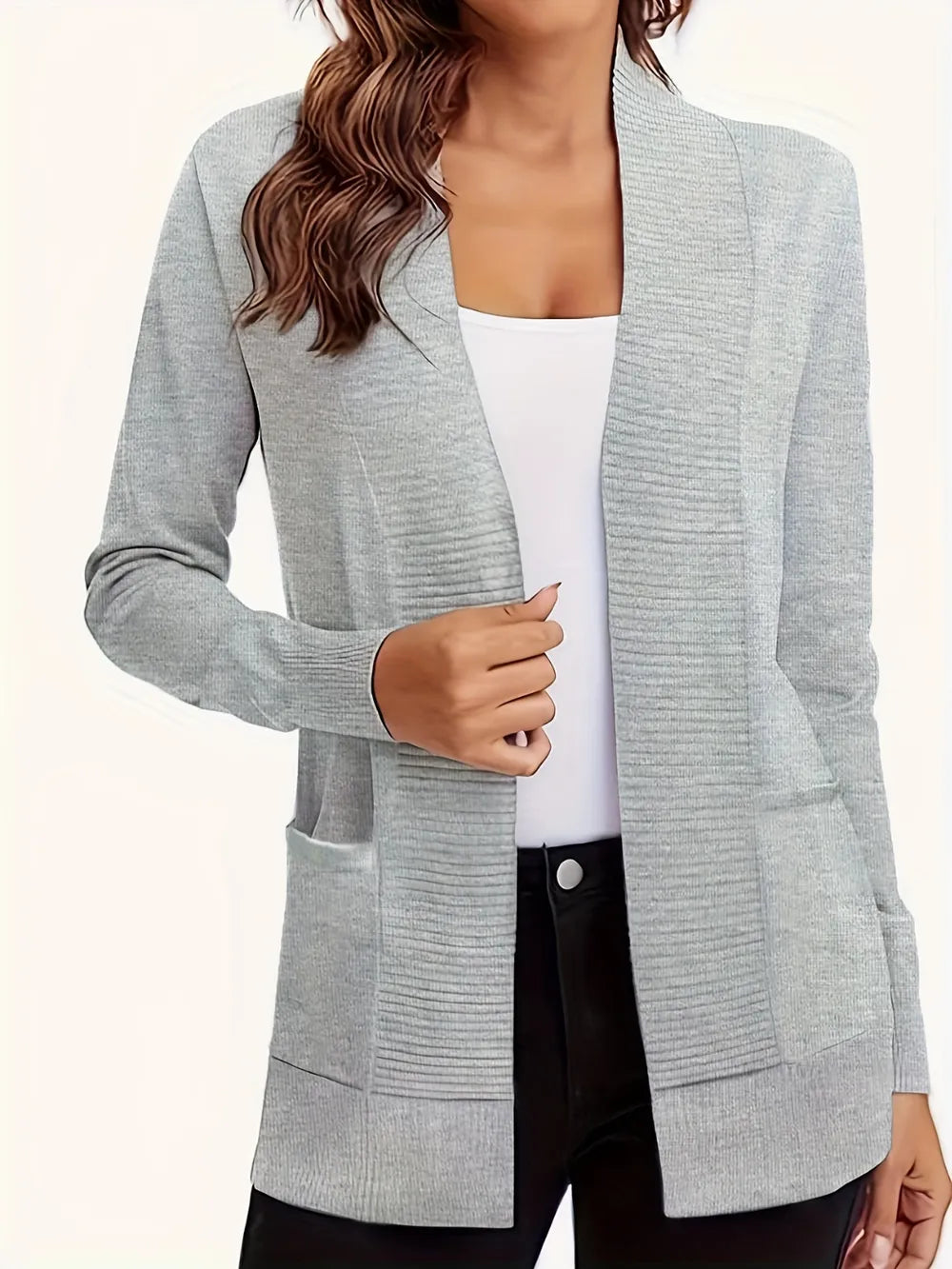 Open Front Long Sleeve Sweater Cardigan Gray - Fashorio