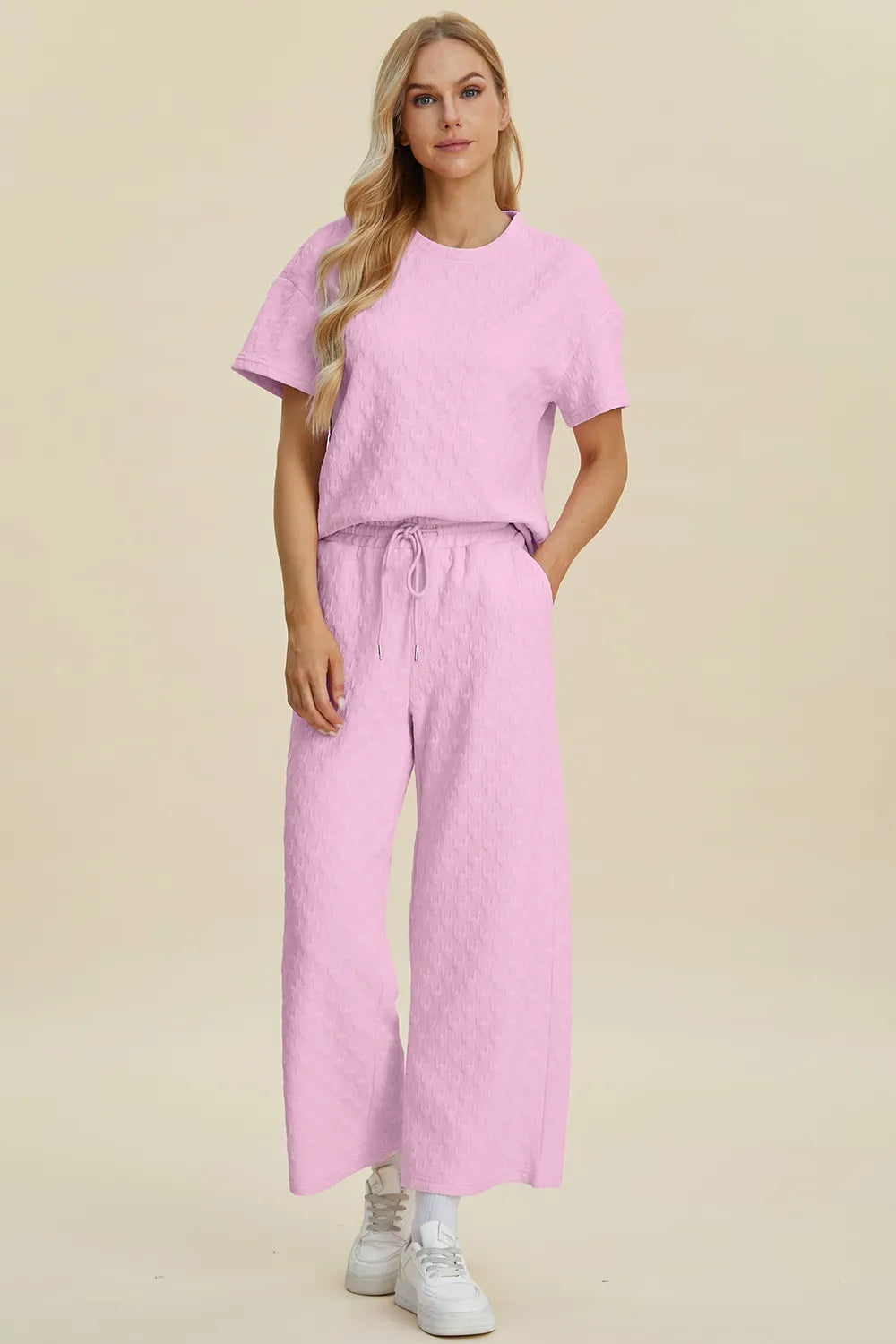 Double Take Full Size Texture Round Neck Short Sleeve Top and Pants Set Pink - Fashorio