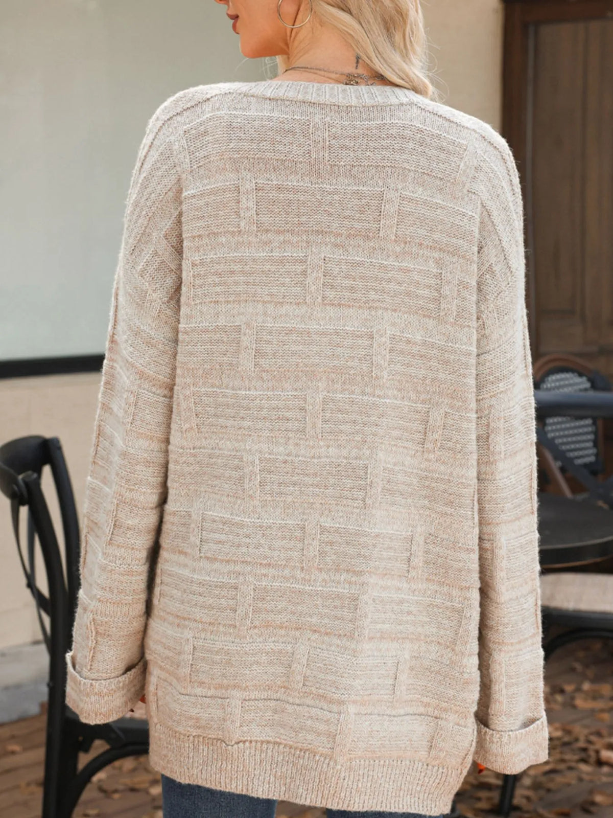 textured knit open front cardigan with pockets worn with denim