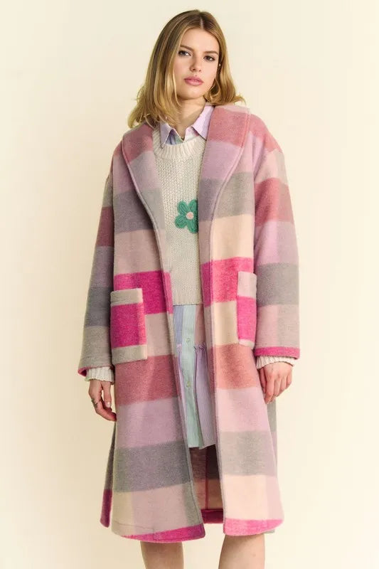 Davi & Dani Tied Color Block Collared Neck Coat Hot Pink Multicolor - Fashorio