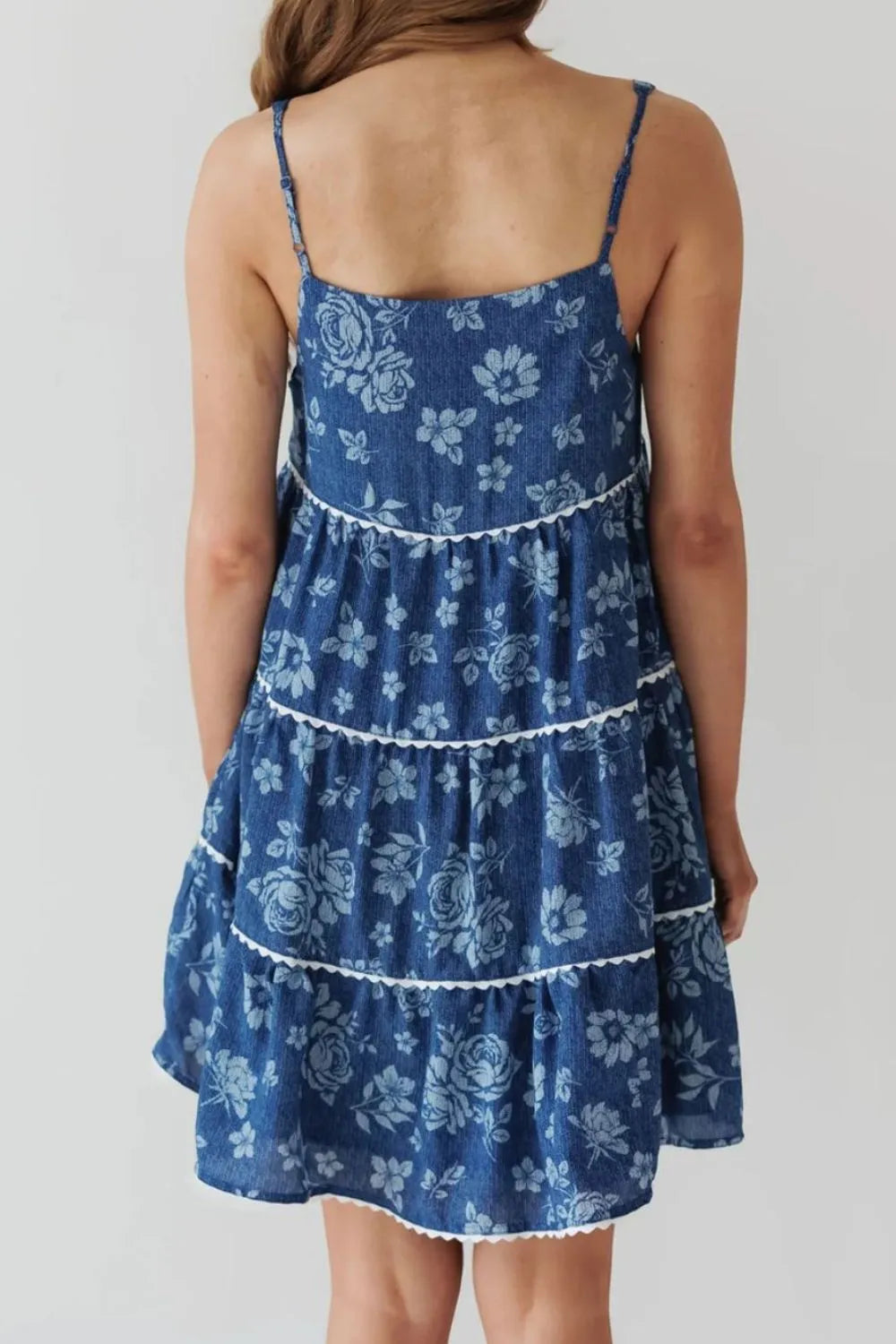Floral tiered denim dress side view
