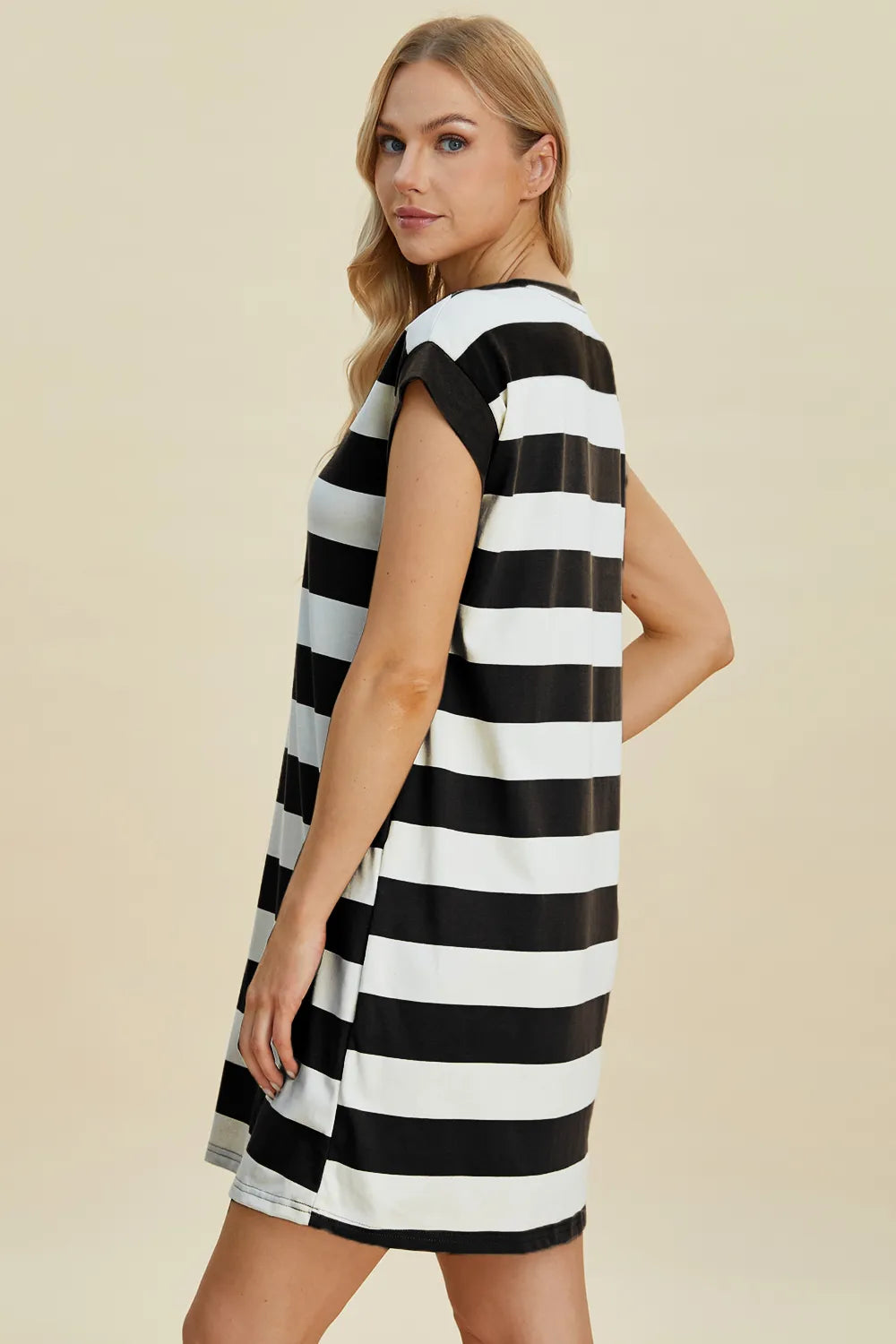 Striped mini dress neckline detail close up