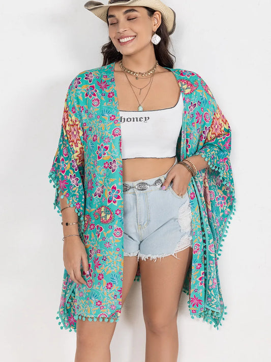 Plus Size Printed Open Front Cover-Up Turquoise - Fashorio
