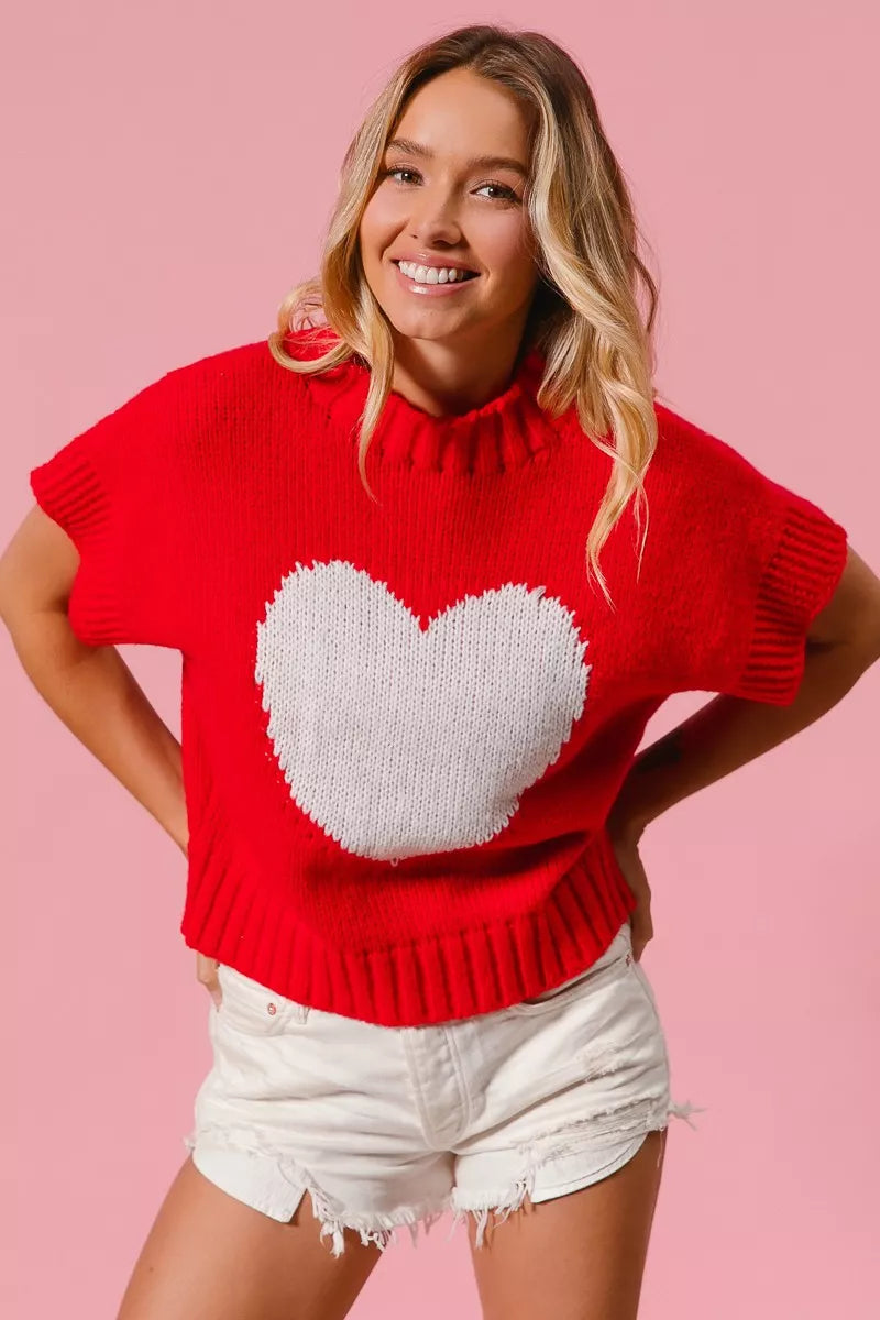 Heart Pattern Rib Banded Sweater in Red and Ivory detail