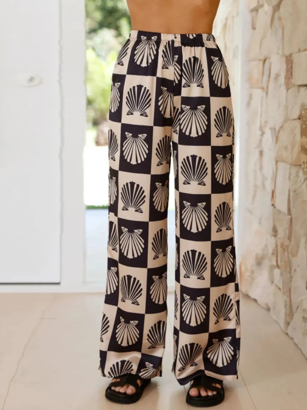 Printed Collared Top and Wide Leg Pants Set, view 8