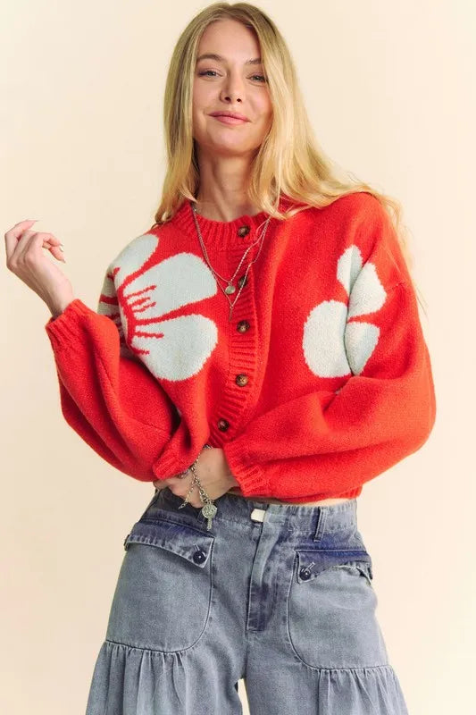Davi & Dani Flower Contrast Round Neck Long Sleeve Cardigan - Fashorio
