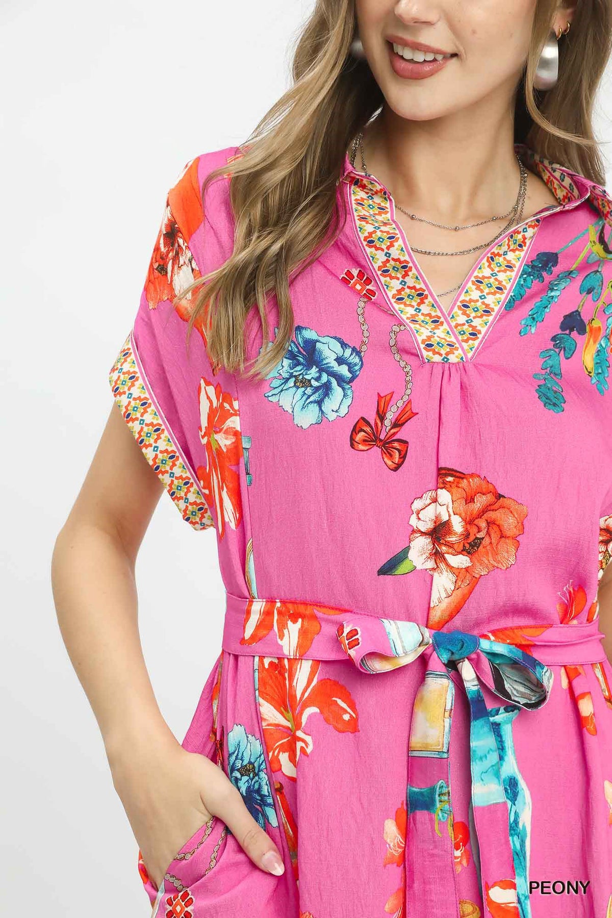 Floral Print Belted Mini Dress in Peony styled look