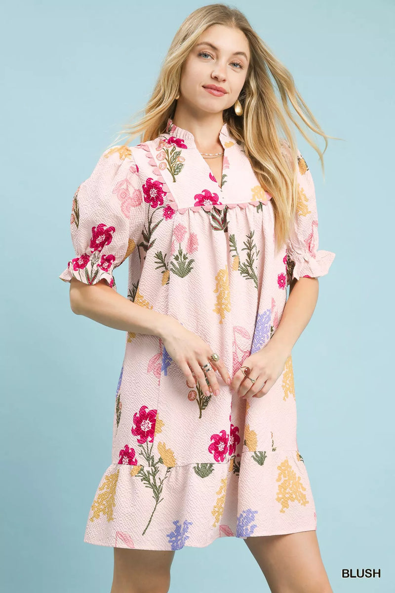 Umgee blush multi flower print V neck dress front view