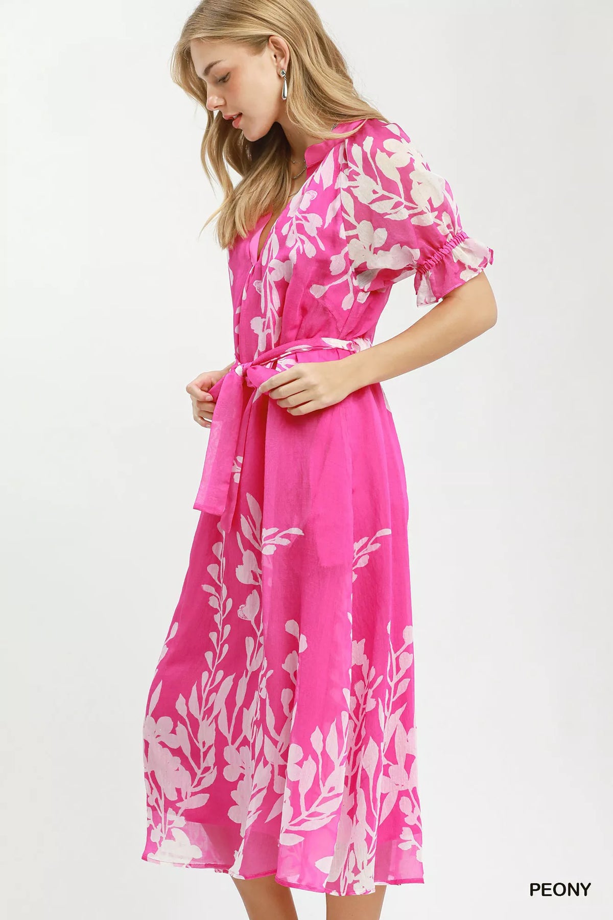 Peony floral tie waist midi dress with puff sleeves front view