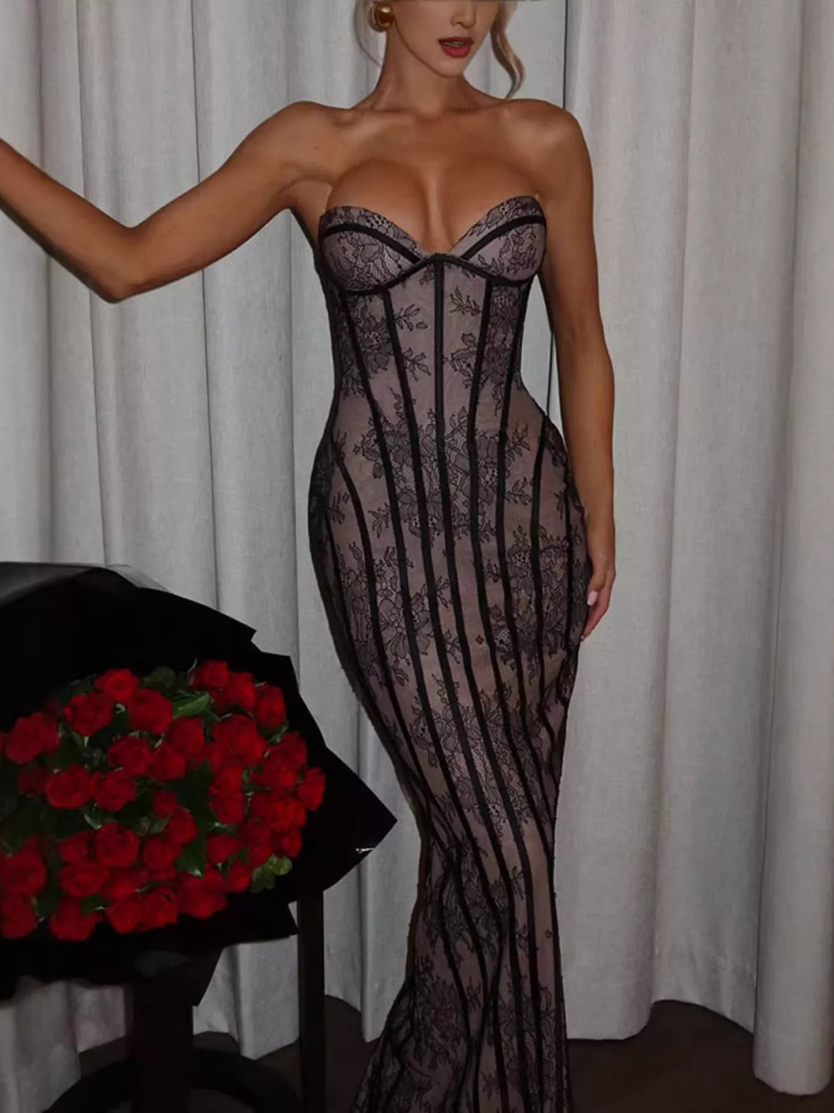 Lace Up Back Strapless Maxi Dress back view