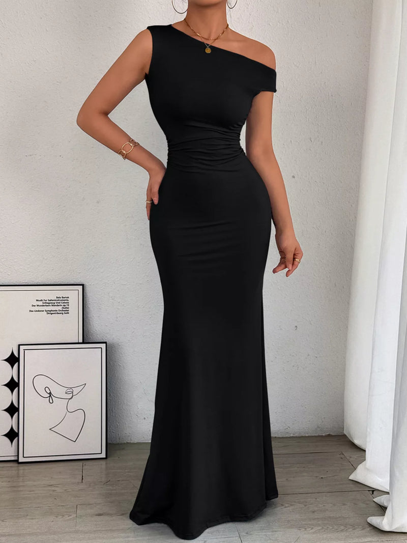 One shoulder ruched bodycon maxi dress in black, front view
