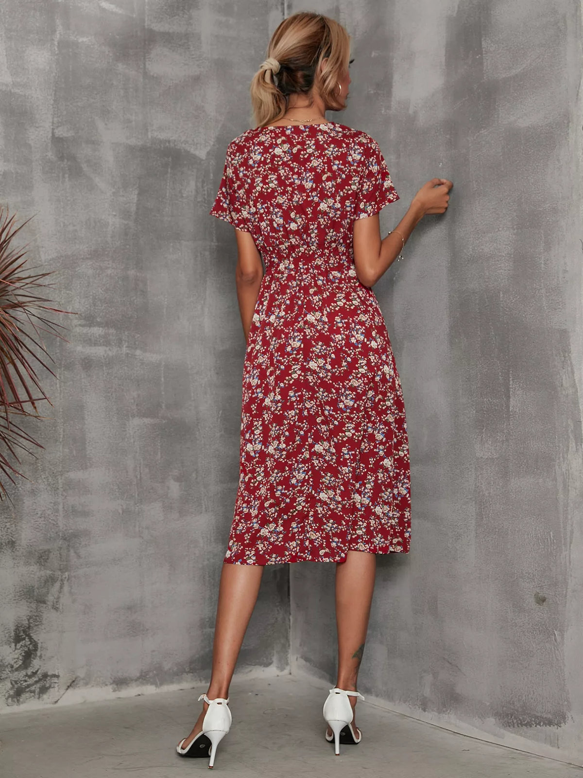 Printed short sleeve smocked midi dress styled view