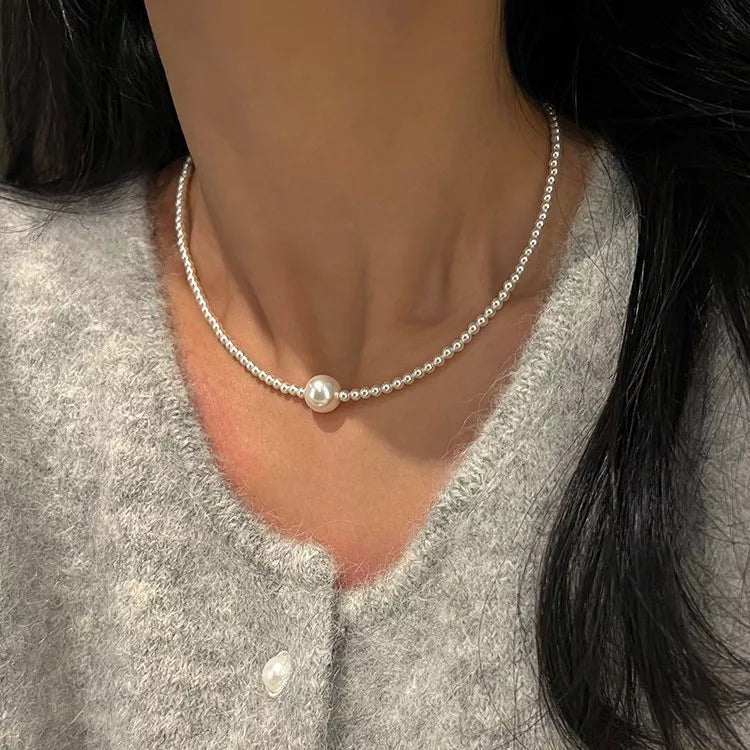 White pearl bead choker necklace, front view