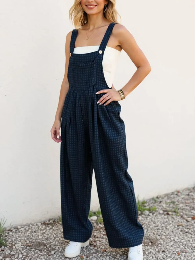 Plaid wide leg overalls front view