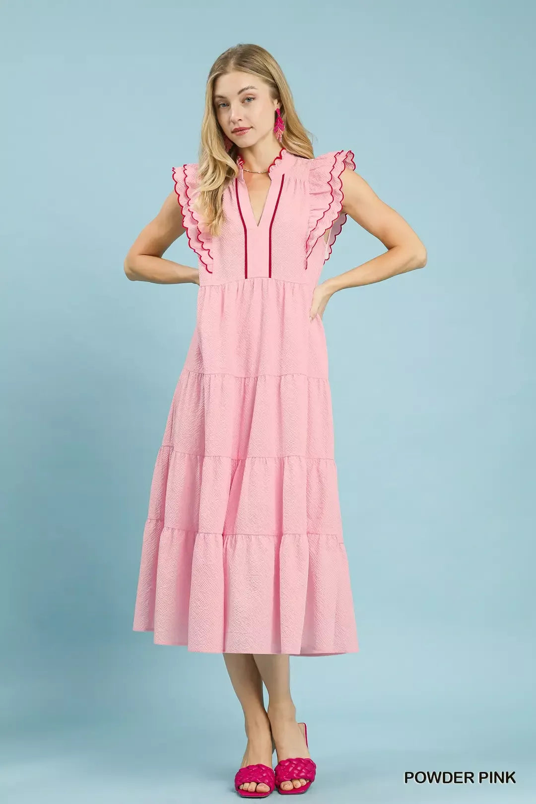 Seersucker Ruffle Sleeve Tiered Midi Dress side view