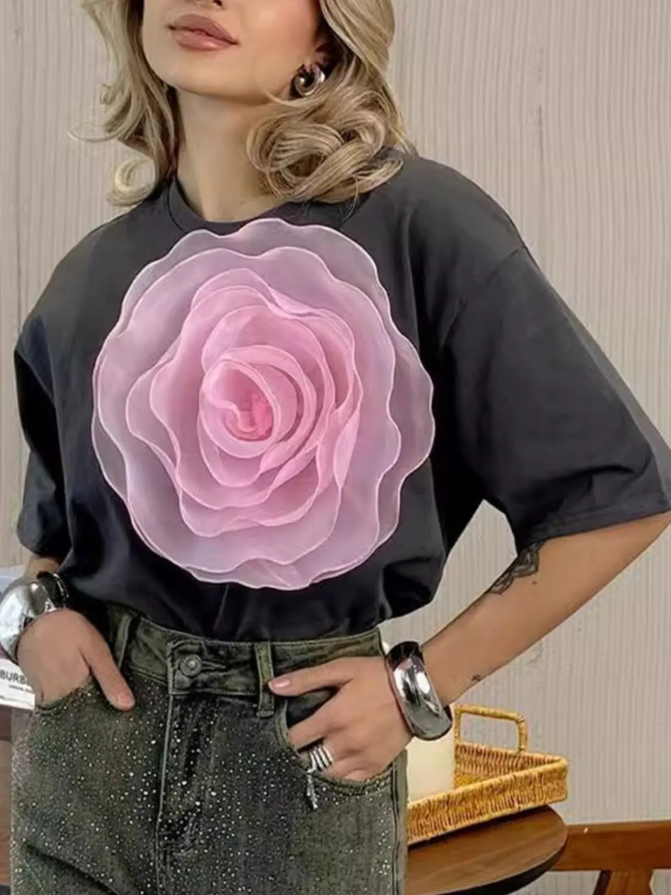 Flower Round Neck Short Sleeve T-Shirt - Fashorio