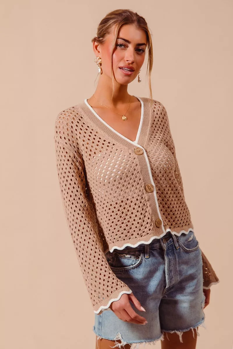 Open knit cardigan scallop edge closeup