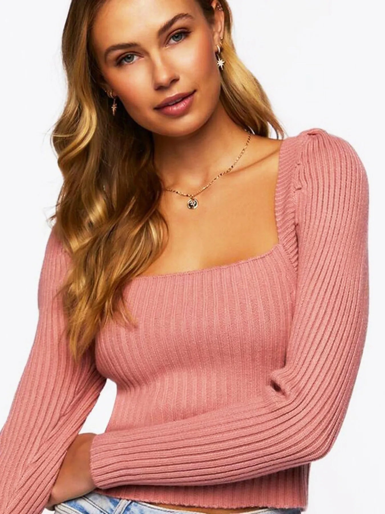 Ribbed Square Neck Long Sleeve Sweater Pink - Fashorio