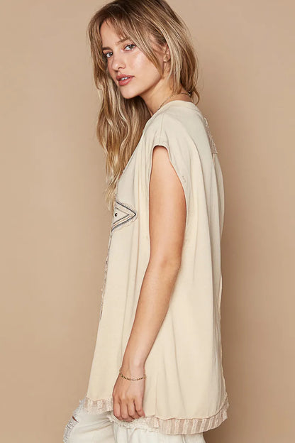 POL Star Patch Studded Sleeveless T-Shirt with Lace Hem - Fashorio
