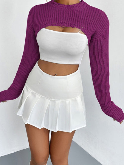 Distressed Long Sleeve Cropped Sweater - Fashorio