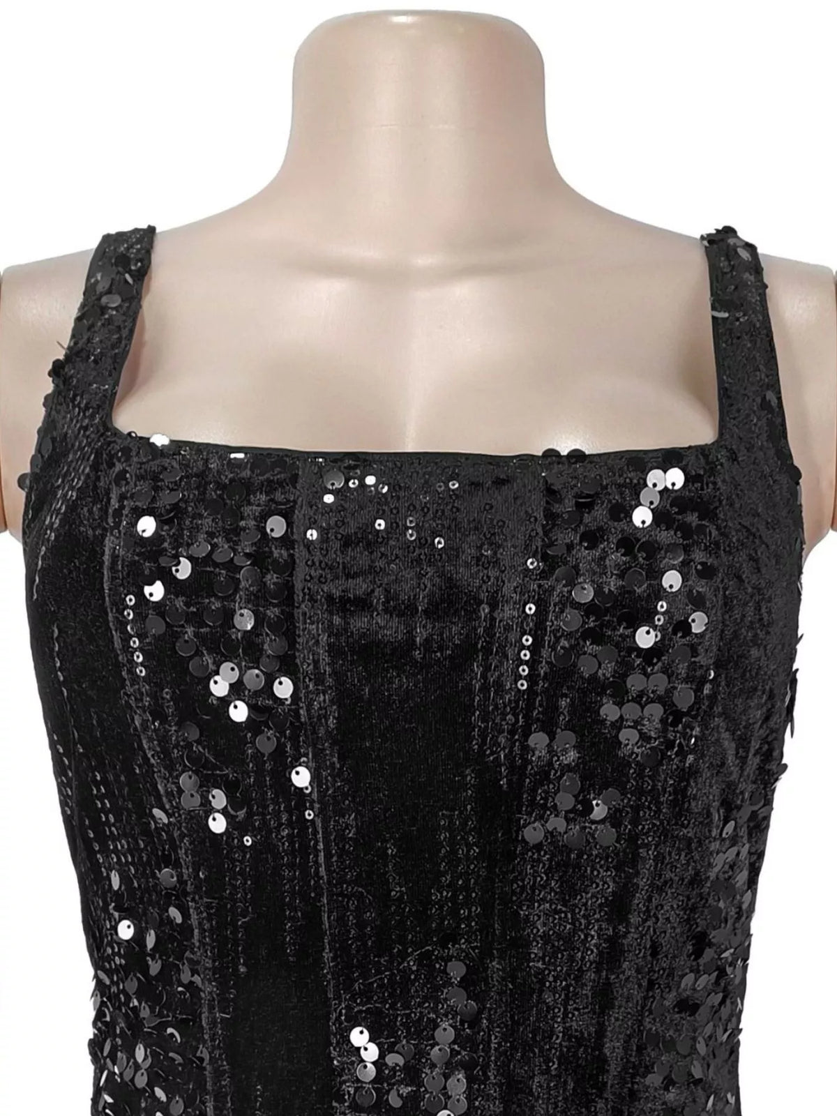 Sequin ruffle hem maxi dress, close up detail