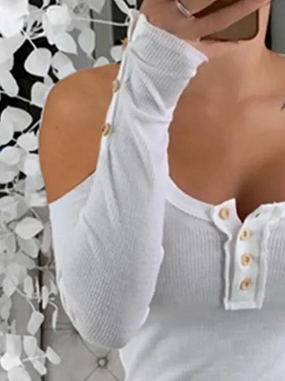 Cold Shoulder Ribbed Henley T-Shirt with Button Detail - Fashorio