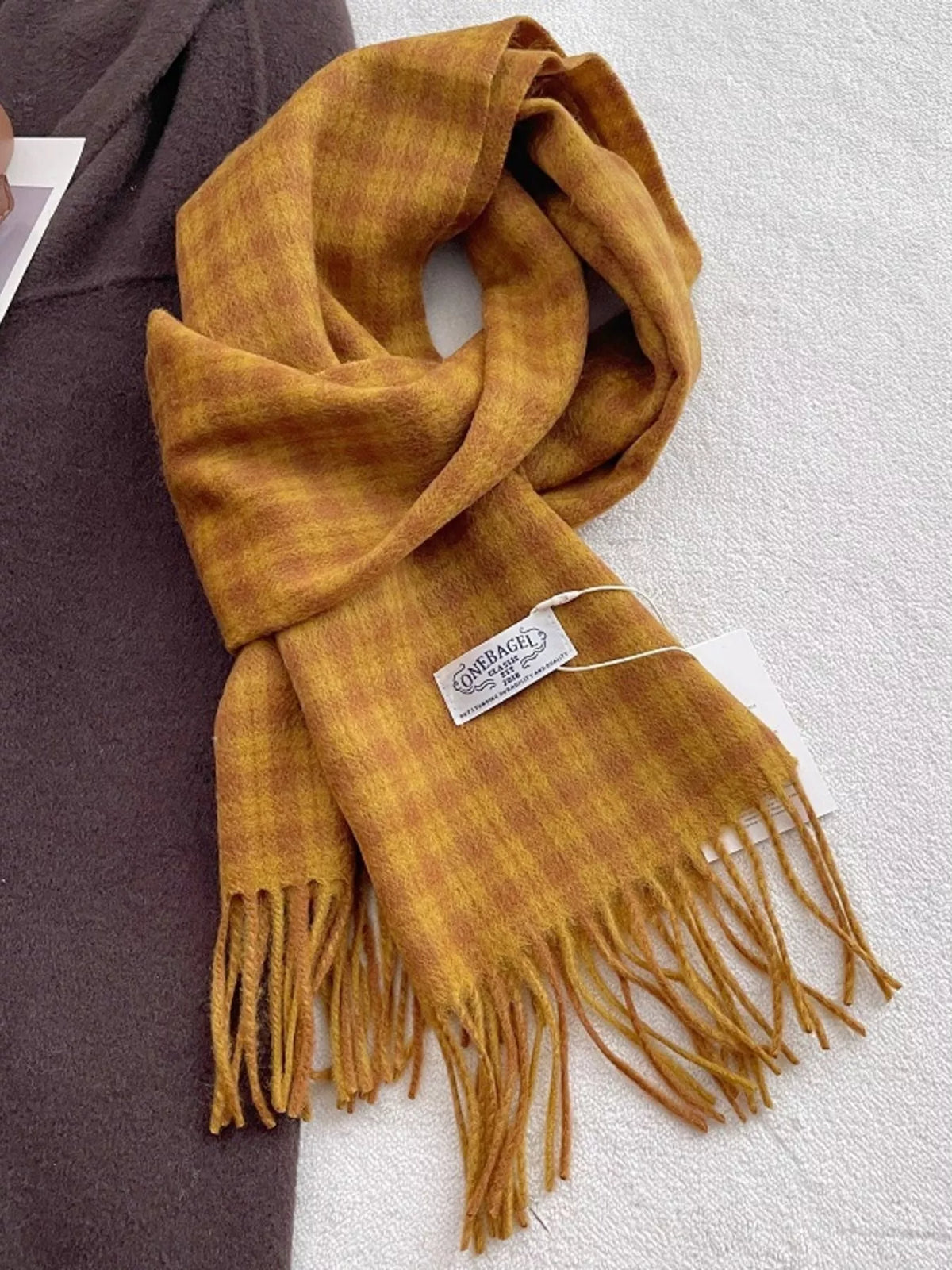 Checked wool scarf with soft fringe ends