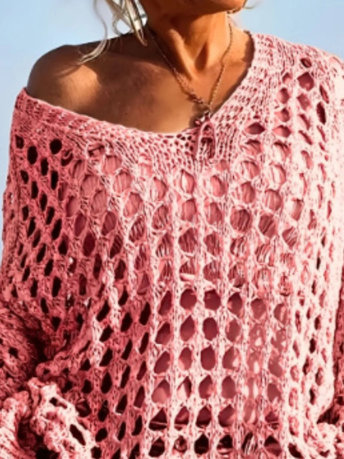 Crochet long sleeve knit cover up, shoulder detail
