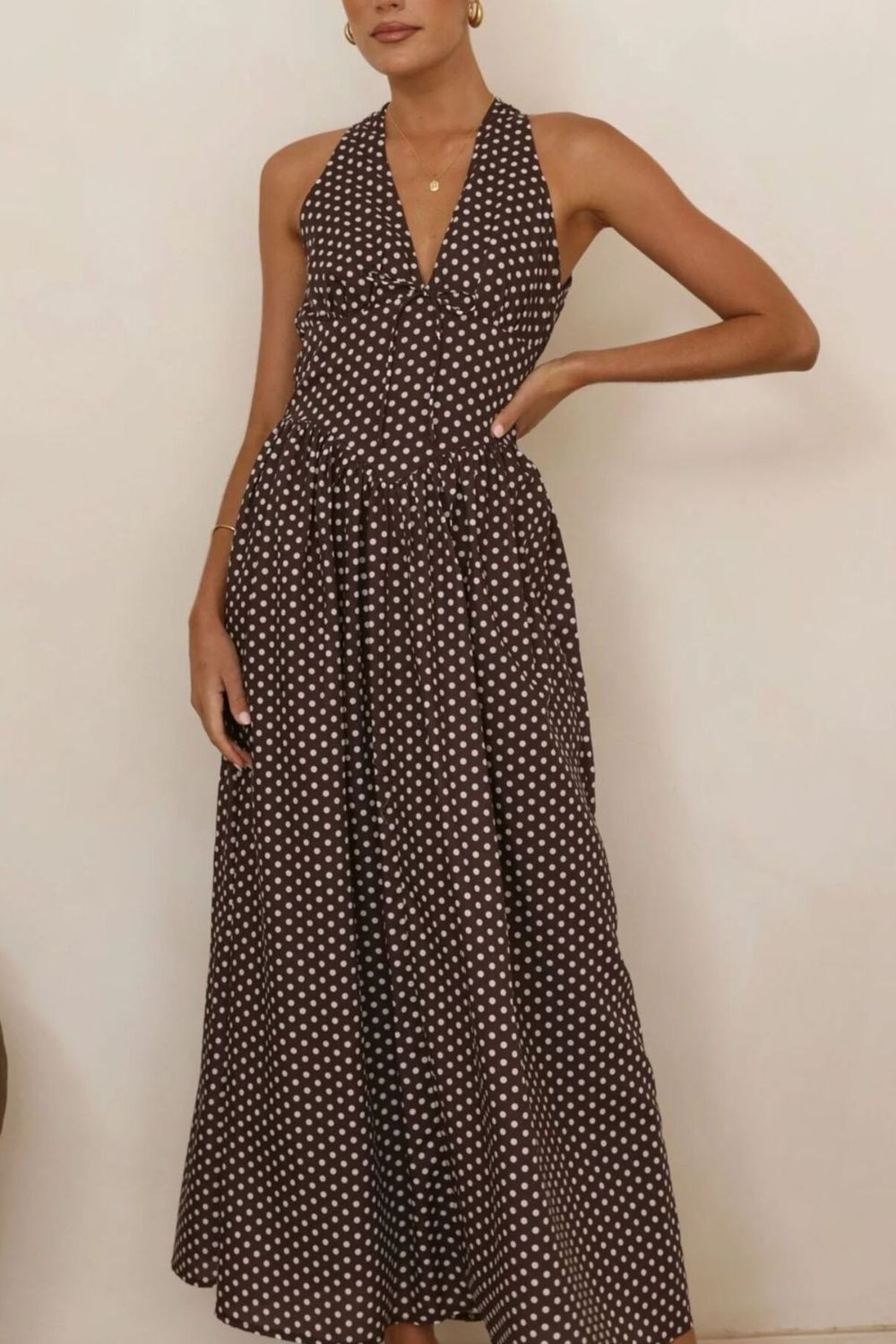 polka dot backless halter neck maxi dress back view
