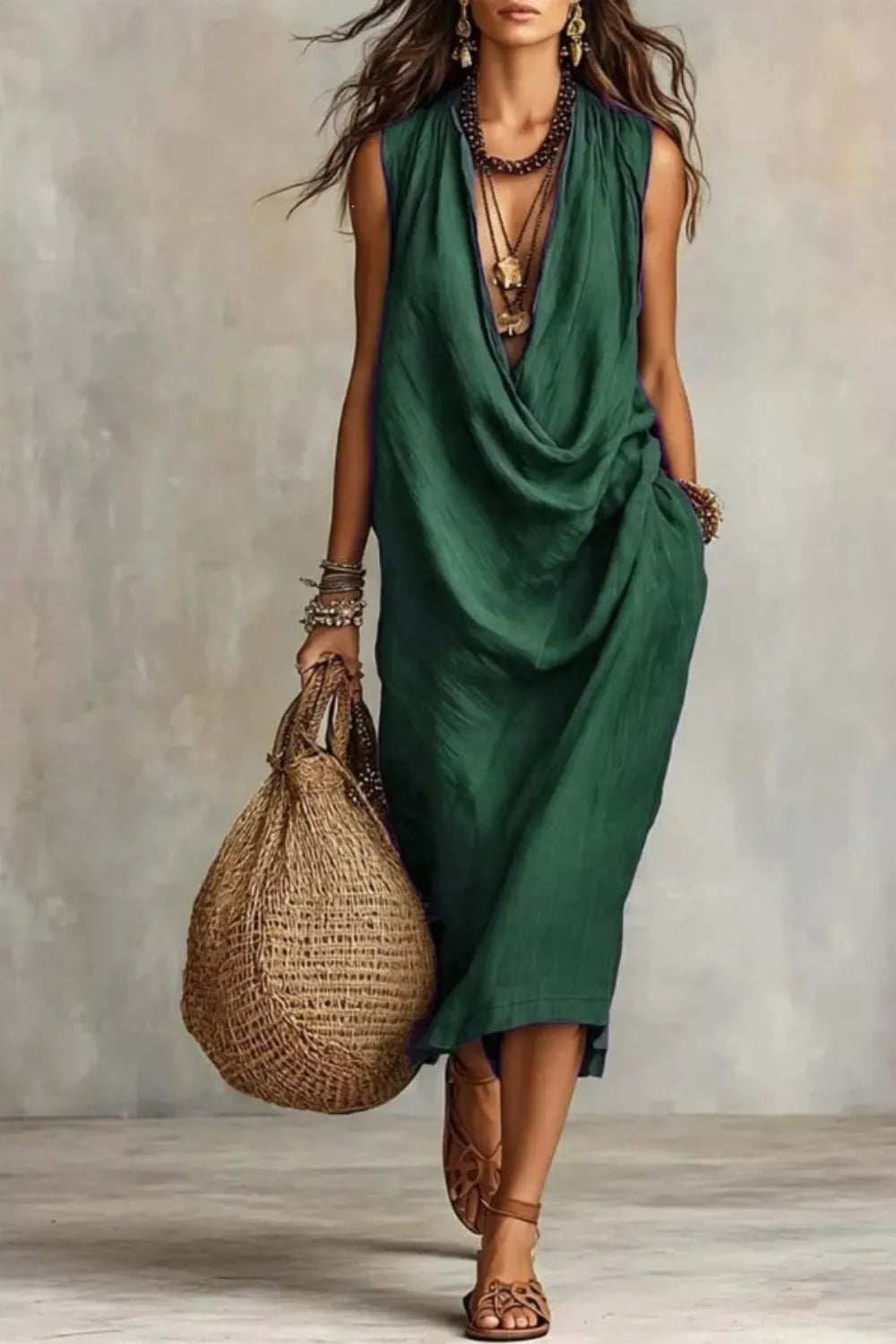 Sleeveless drape cowl neck midi dress close up view