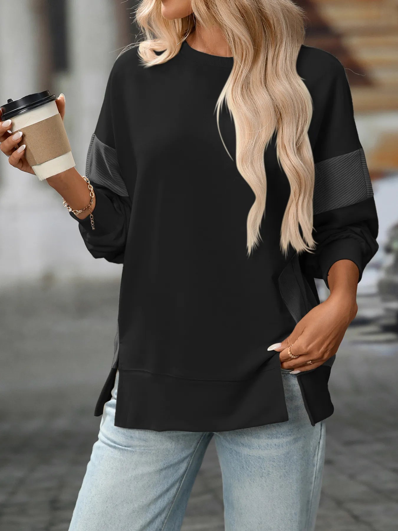 Slit Round Neck Long Sleeve Sweatshirt - Fashorio