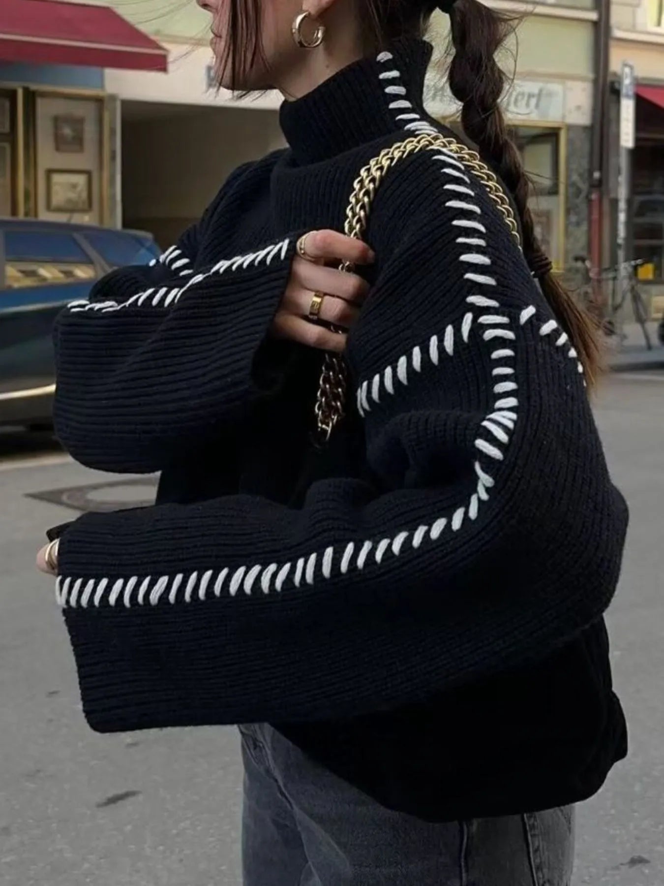 Contrast Mock Neck Long Sleeve Sweater - Fashorio