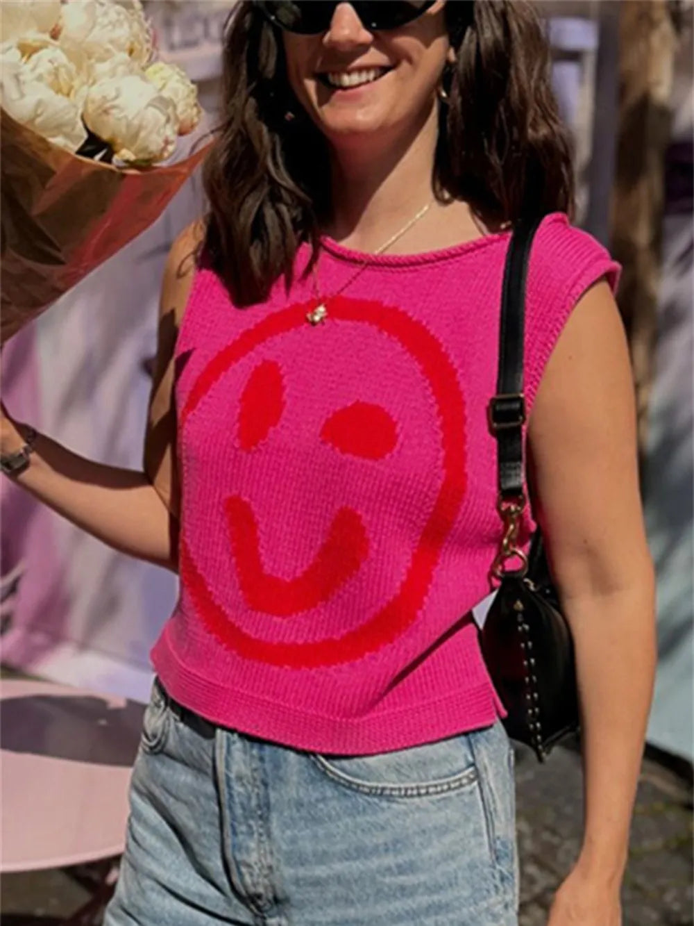 Smiley Face Round Neck Sweater Vest in Mustard view 16