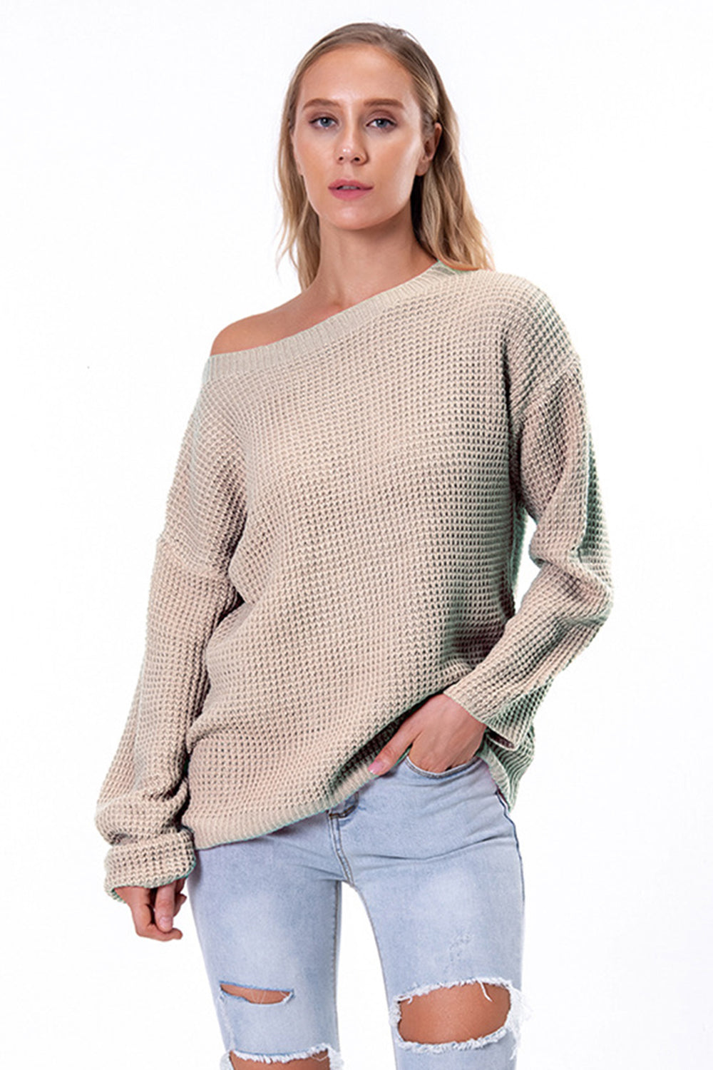 Boat Neck Drop Shoulder Long Sleeve Sweater Beige - Fashorio