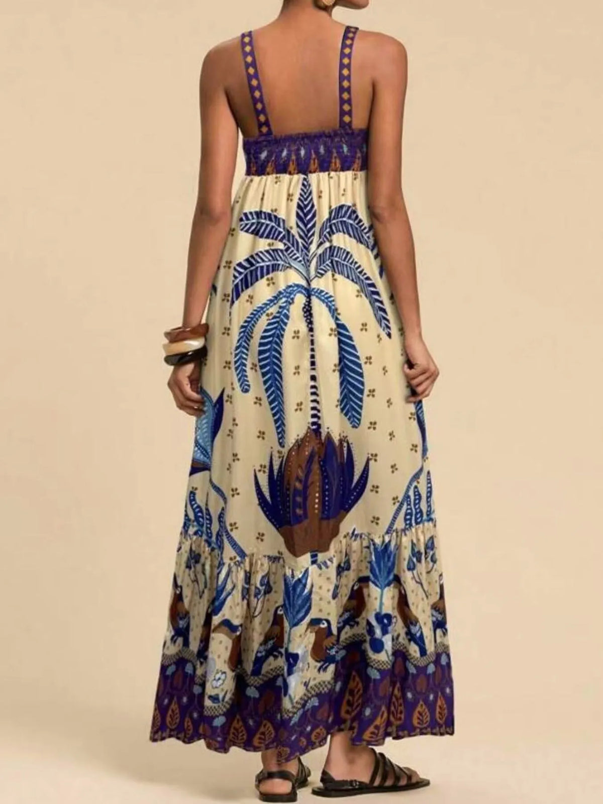 Tropical print maxi cami dress, waist and fit detail