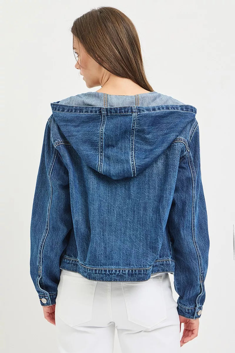 Medium wash hooded denim jacket back view