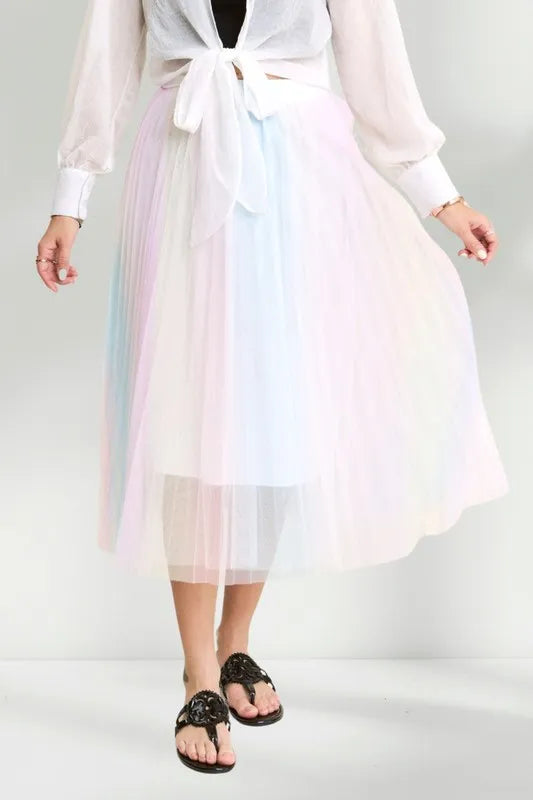 ADORA Unicorn Pleated Mesh Flare Midi Skirt - Fashorio