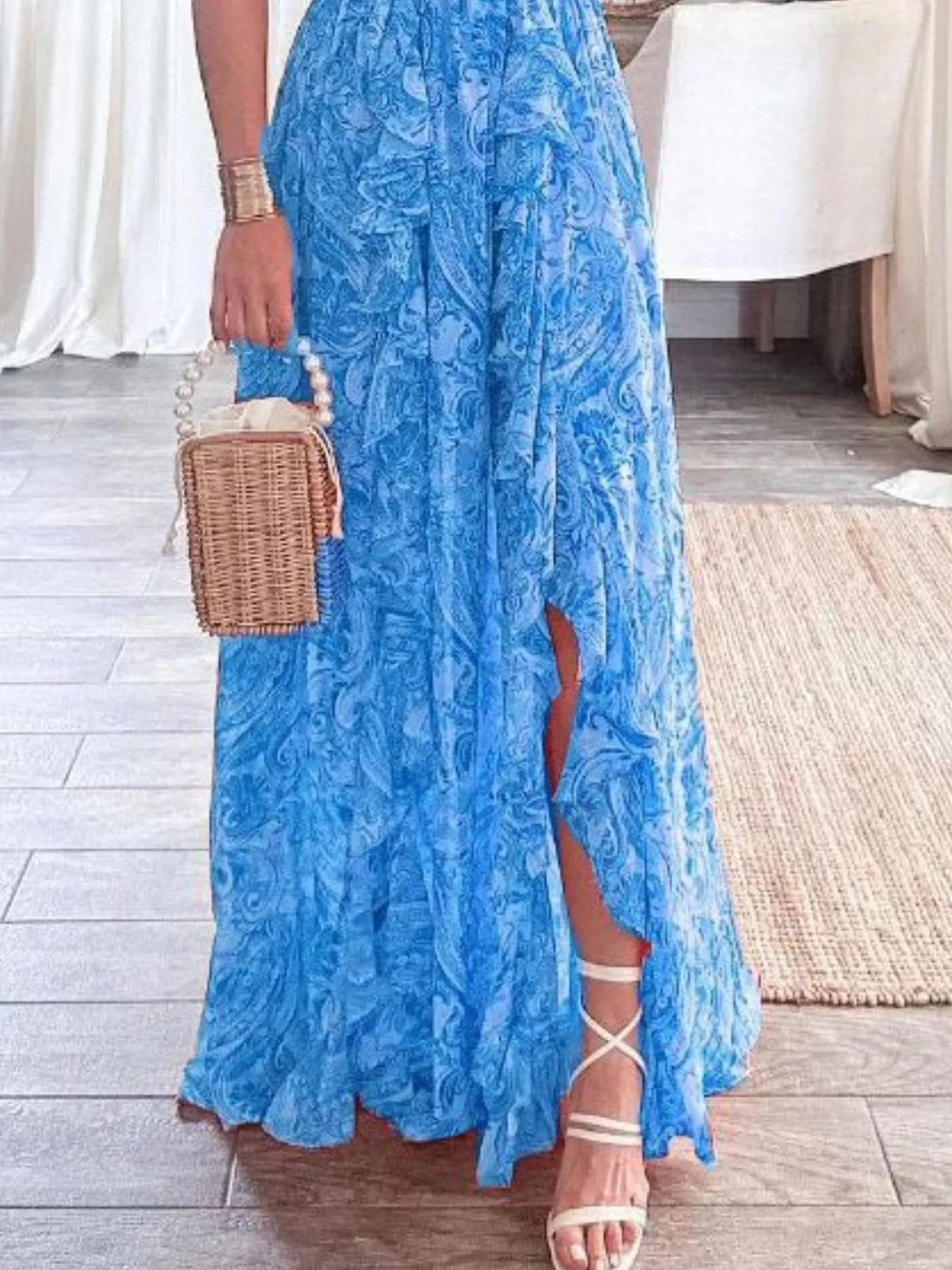 Ruffled cutout V neck maxi dress back view