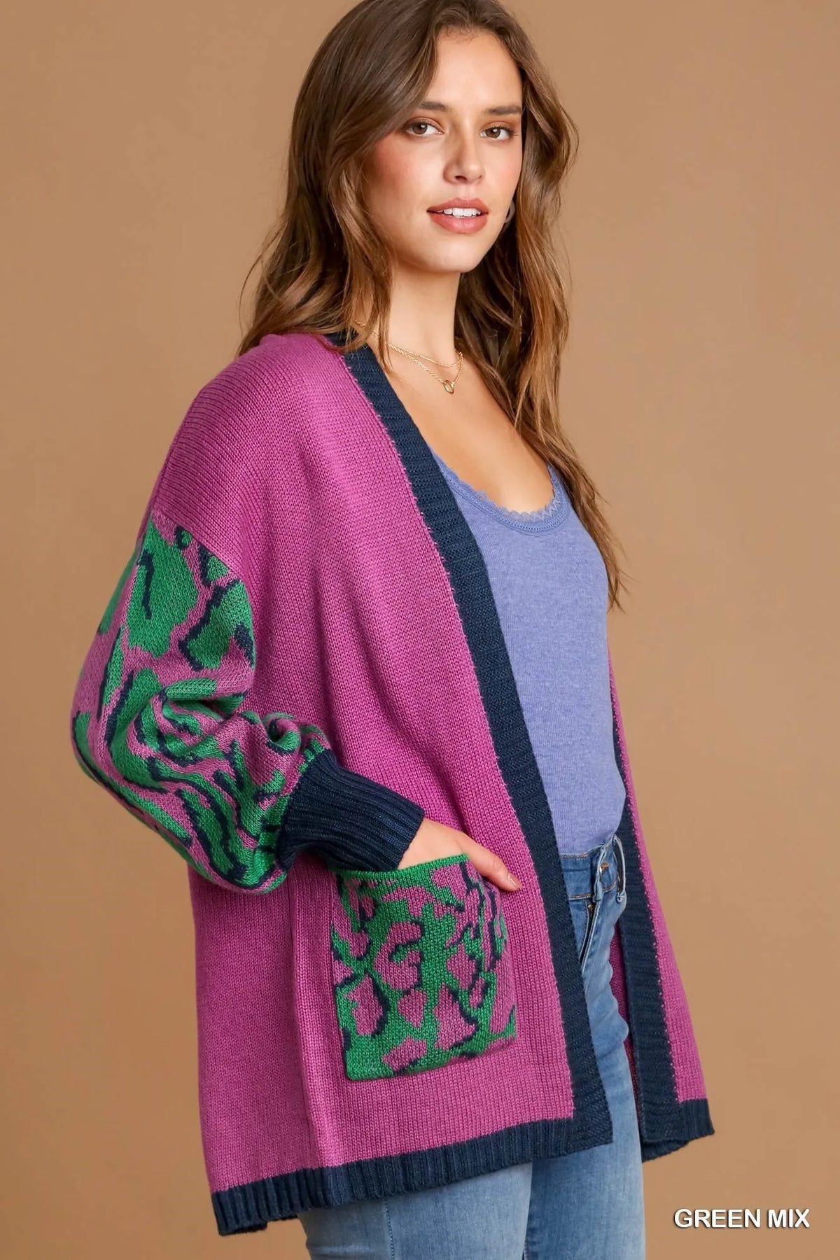 Animal Print Open Front Cardigan in Green back view